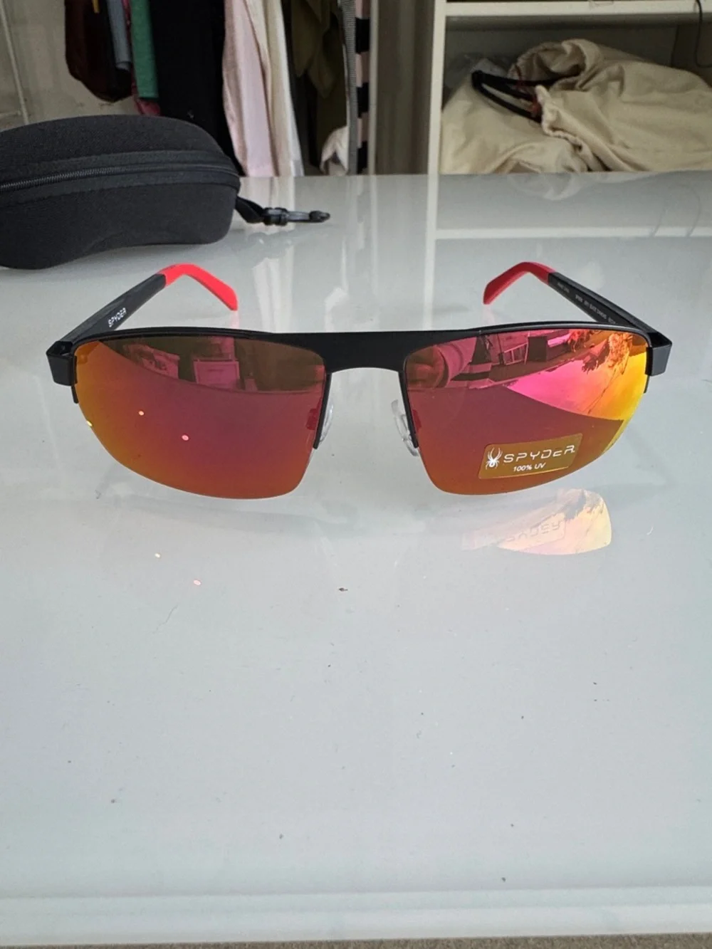 Spyder Half-Rim Sunglasses - Black Frame with Red and Orange Mirrored Lenses